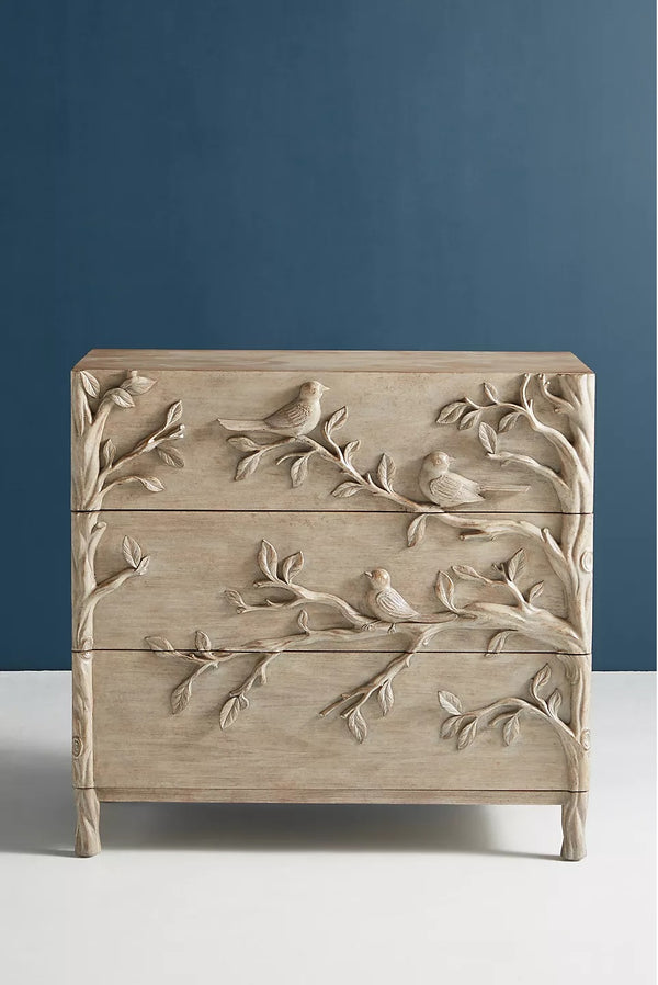 Handcarved Ornithology Three-Drawer Dresser