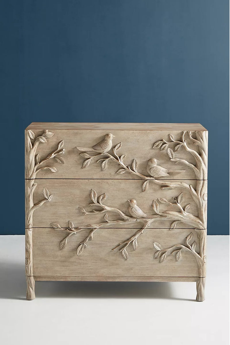 Handcarved Ornithology Three-Drawer Dresser