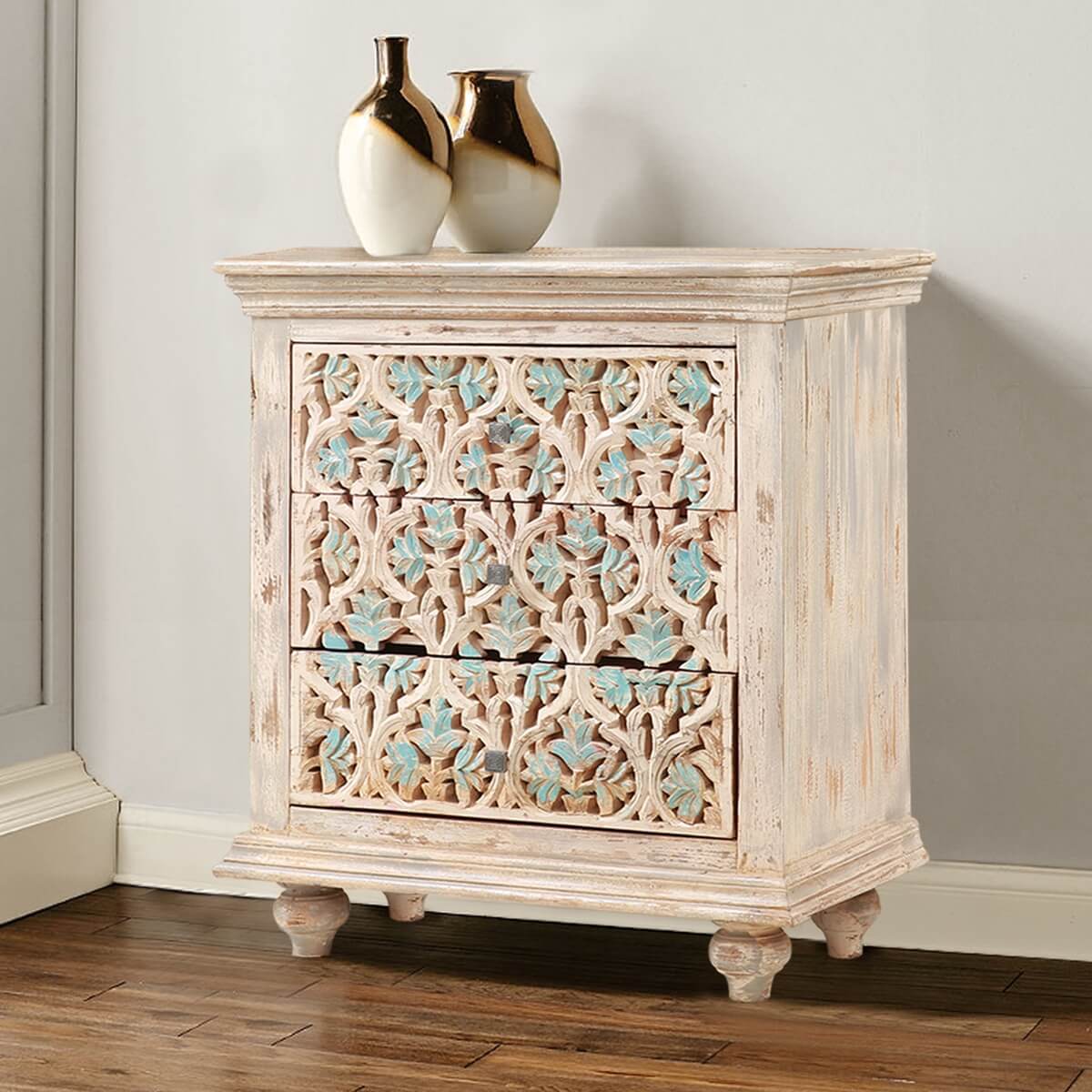 Dunstable Floral Hand - carved Solid Wood 3 Drawer Dresser – handcrafted solid wood furniture