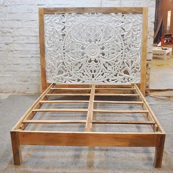 Dynasty Carved Indian Solid Wooden Bed Frame Dual Tone – handcrafted solid wood furniture