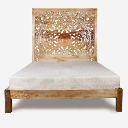 Dynasty Hand Carved Indian Solid Wooden Bed Frame Natural – handcrafted solid wood furniture