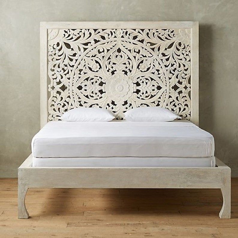 Dynasty hand carved Indian Solid wooden bed frame White – handcrafted solid wood furniture