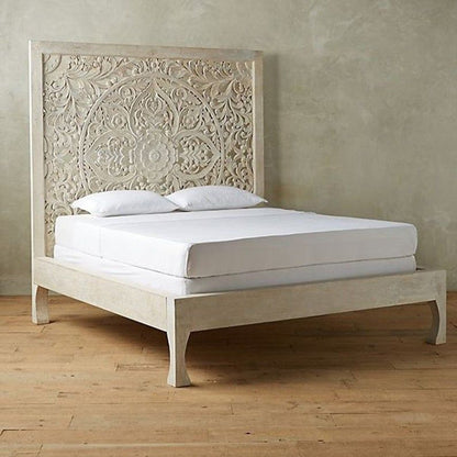 Dynasty hand carved Indian Solid wooden bed frame White – handcrafted solid wood furniture