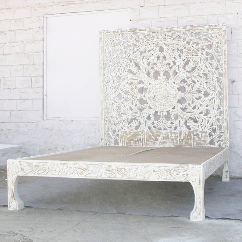 Dynasty hand carved Indian Solid wooden Nadia bed frame White – handcrafted solid wood furniture