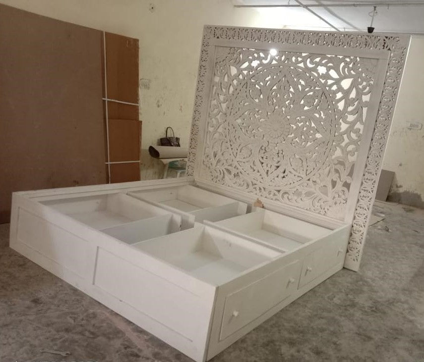 Dynasty Hand Carved Wooden Jody Bed Frame With Storage Drawers – handcrafted solid wood furniture