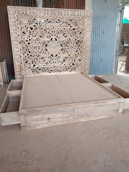 Dynasty Hand Carved Wooden Jody Bed Frame With Storage Drawers – handcrafted solid wood furniture