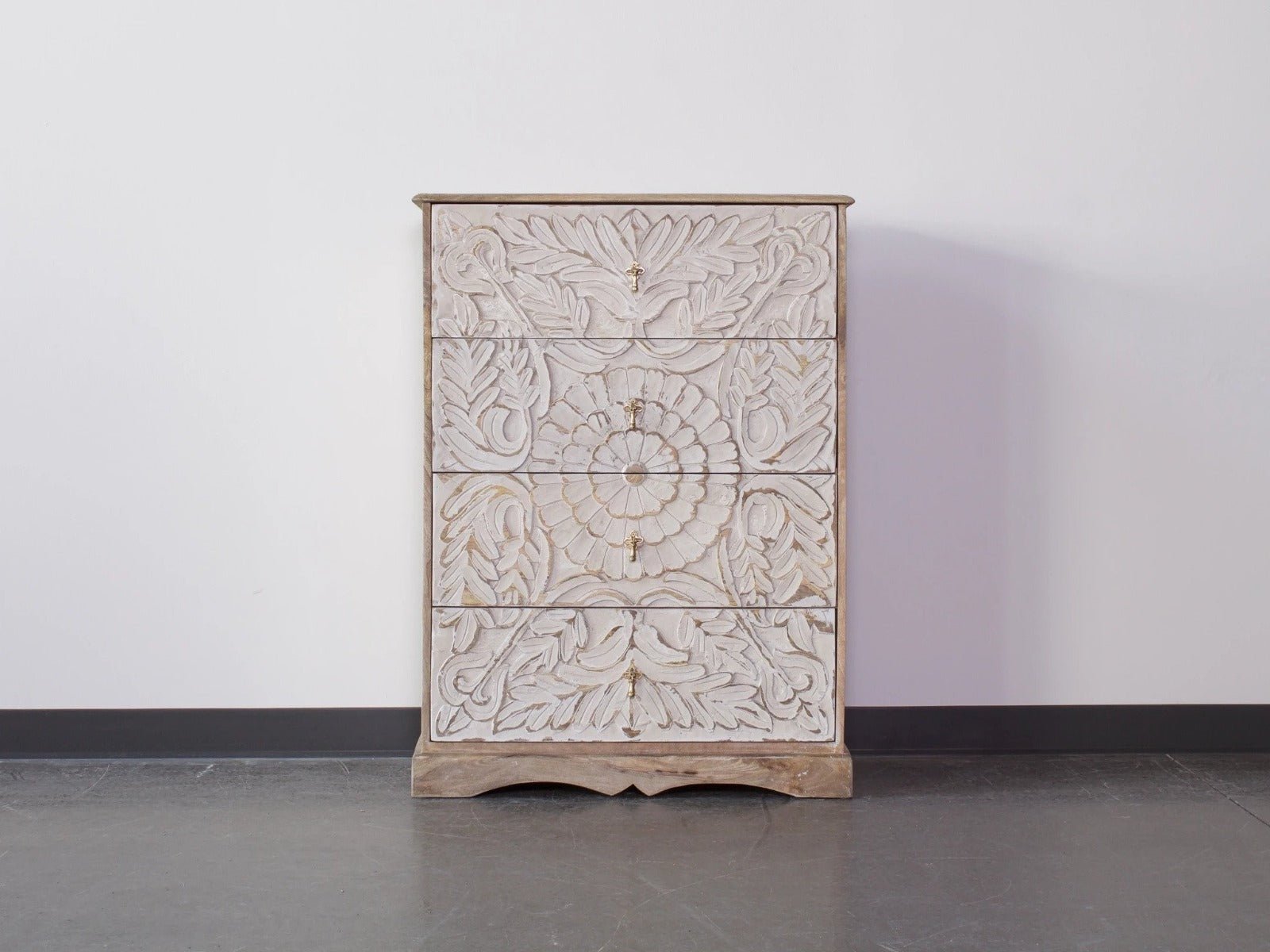 Elegant Floral Hand Carved Indian Chest drawer by Hibashi Furniture – handcrafted solid wood furniture made in India