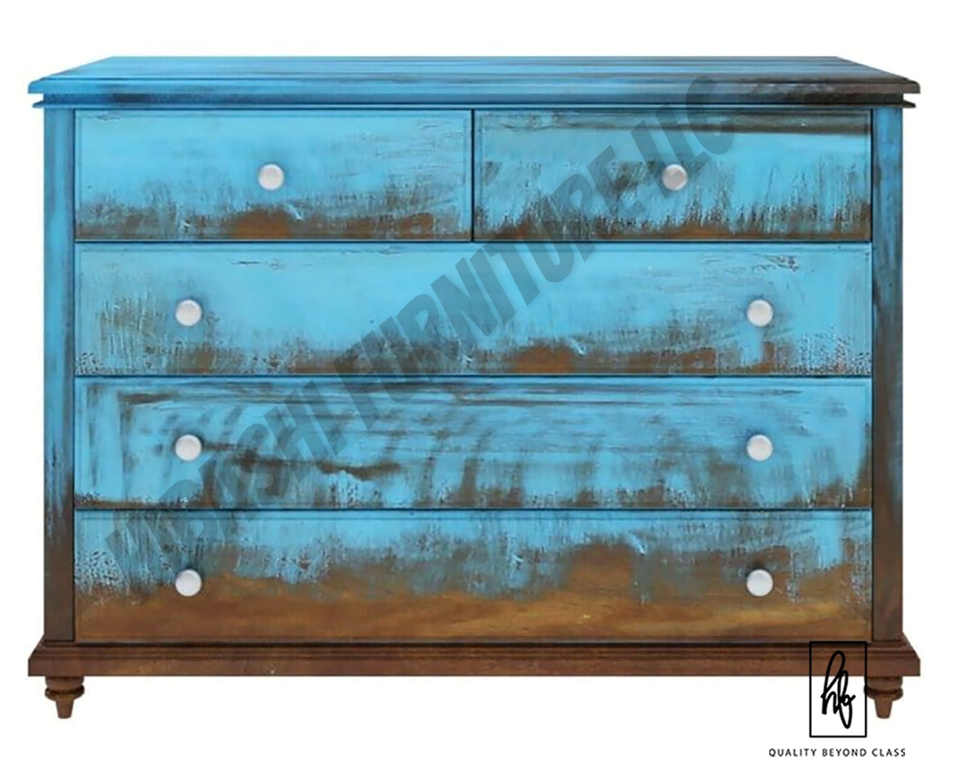 Empire Blue Dawn Rustic Solid Mango Wood Bedroom Dresser With 5 Drawer by Hibashi Furniture – handcrafted solid wood furniture made in India