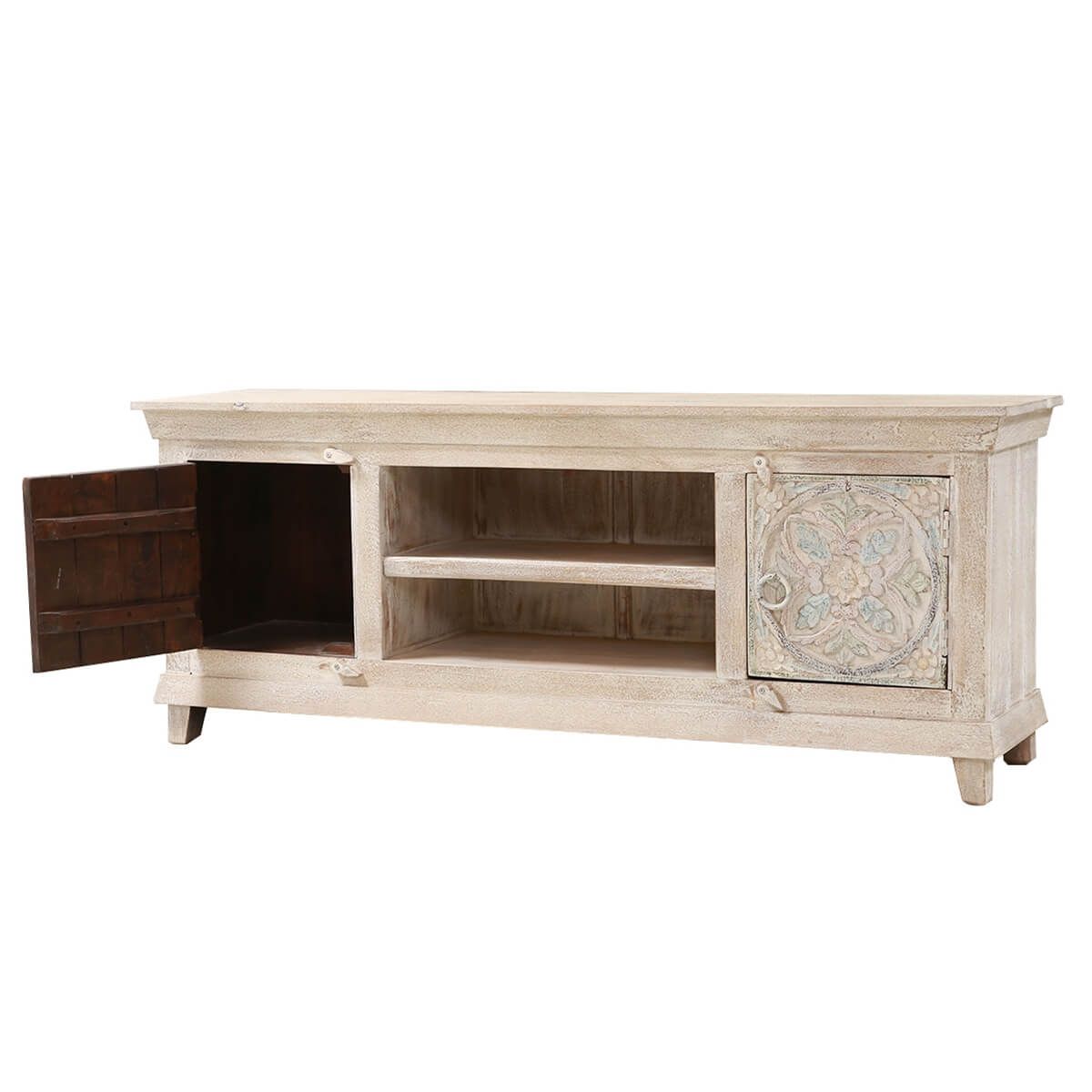 EVA Hand - carved Solid Wood White Distressed TV Media Stand – handcrafted solid wood furniture