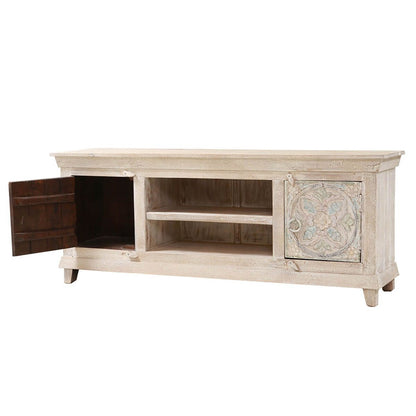 EVA Hand - carved Solid Wood White Distressed TV Media Stand – handcrafted solid wood furniture