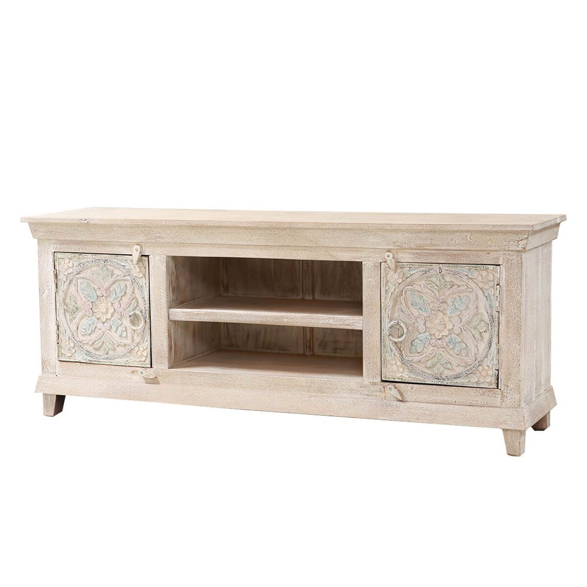 EVA Hand - carved Solid Wood White Distressed TV Media Stand – handcrafted solid wood furniture