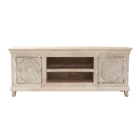 EVA Hand - carved Solid Wood White Distressed TV Media Stand – handcrafted solid wood furniture