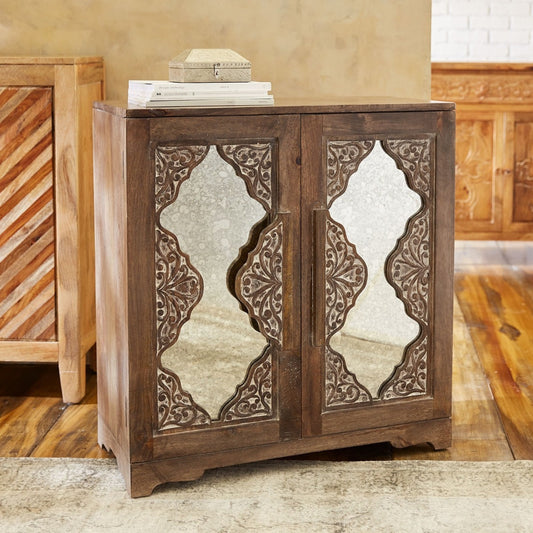 FRENCH ARCHED CARVED MIRROR DOOR SIDEBOARD-Honey