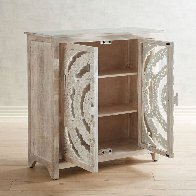 FRENCH ARCHED FLORAL CARVED GLASS DOOR SIDEBOARD