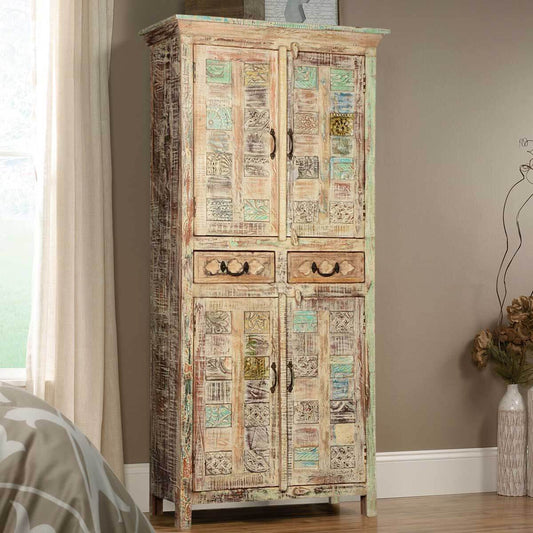 Flora Hand Carved Patterns Distressed Mango Wood Tall Cabinet W Drawers – handcrafted solid wood furniture