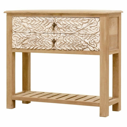 Floral Accent Hand Carved Solid Wood 2 Drawers Hall Side Table by Hibashi Furniture – handcrafted solid wood furniture made in India