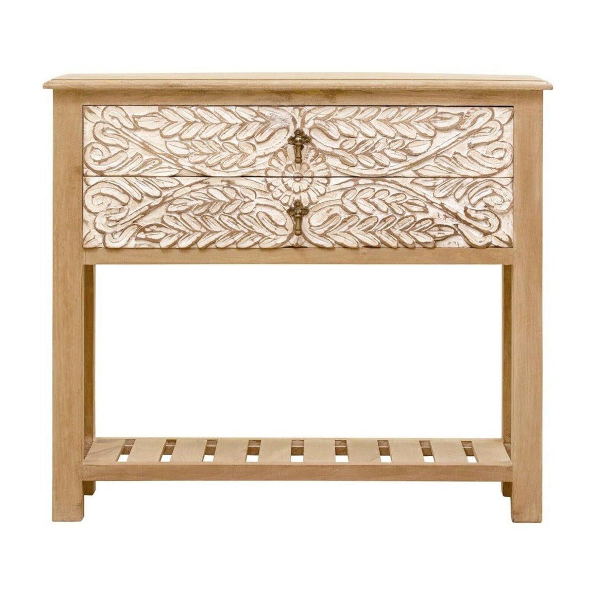 Floral Accent Hand Carved Solid Wood 2 Drawers Hall Side Table by Hibashi Furniture – handcrafted solid wood furniture made in India