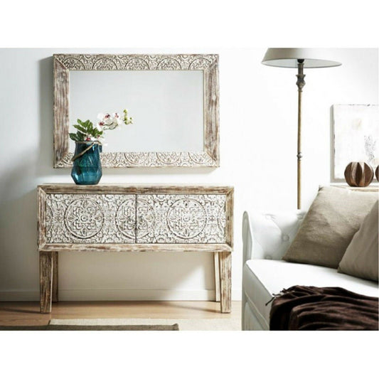 Floral Design Hand Carved Solid Wood Hall Side Table – handcrafted solid wood furniture