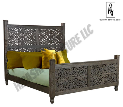 Floral Hand Carved Moroccan Style Flatform Bed by Hibashi Furniture – handcrafted solid wood furniture made in India
