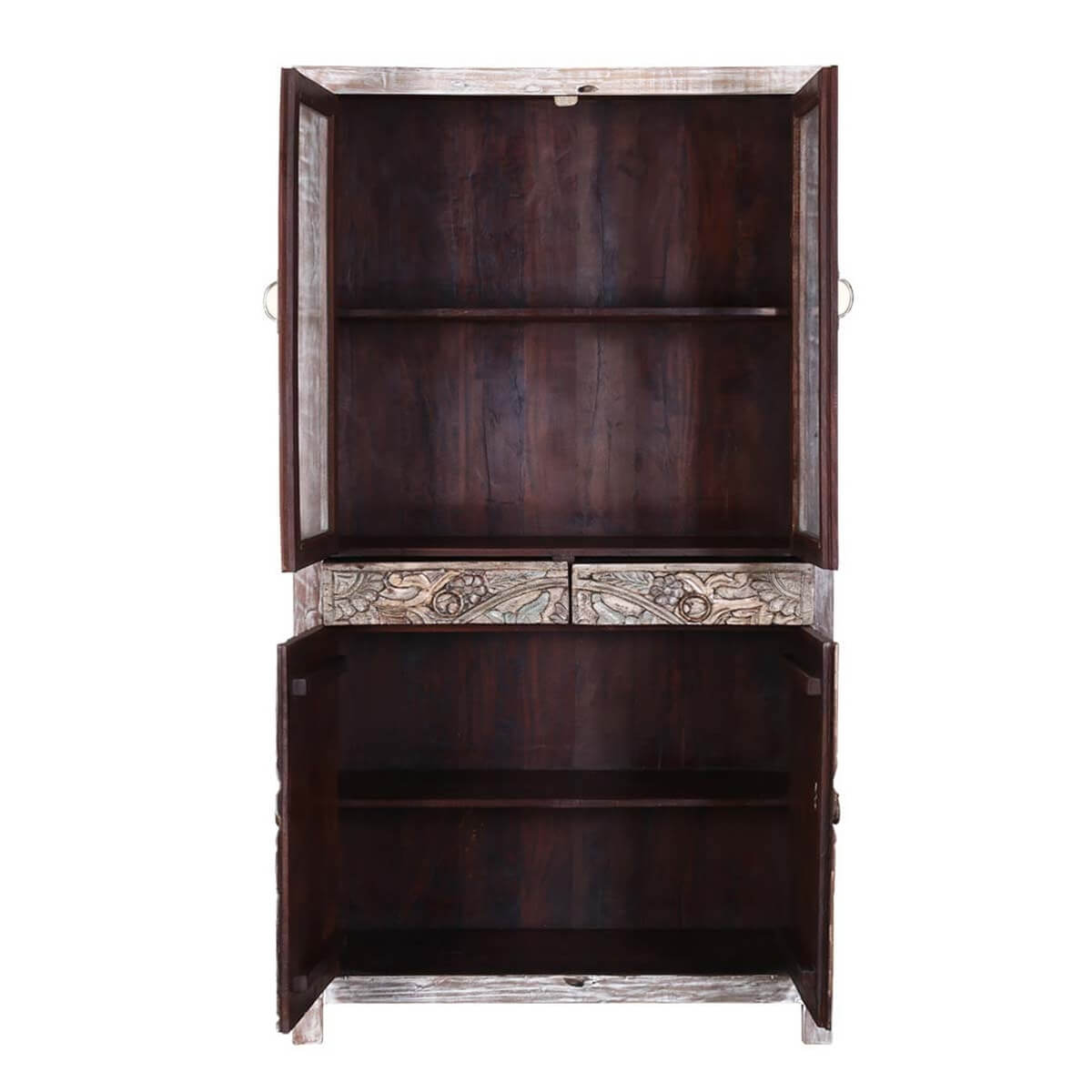 Floral Indian Hand carved Rustic Solid Wood Display Cabinet Armoire – handcrafted solid wood furniture
