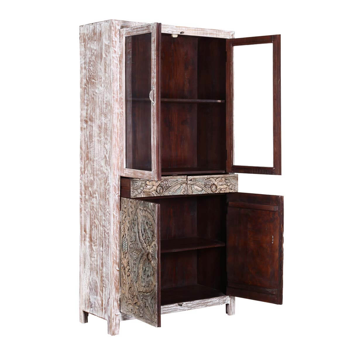 Floral Indian Hand carved Rustic Solid Wood Display Cabinet Armoire – handcrafted solid wood furniture