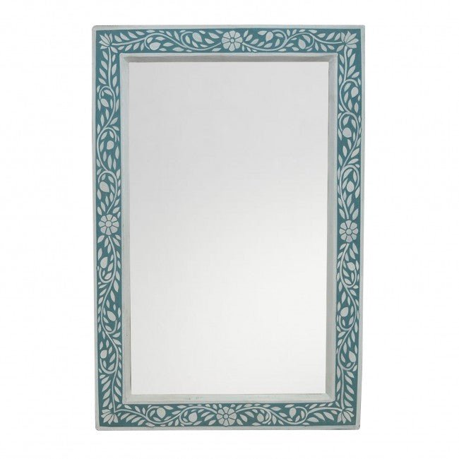 Floral Painted Reclaimed Wood Wall Mirror Frame Teal – handcrafted solid wood furniture