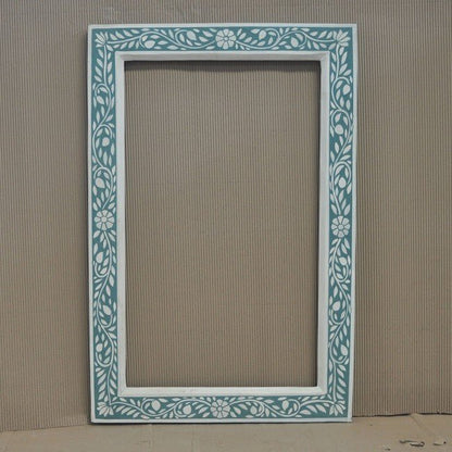 Floral Painted Reclaimed Wood Wall Mirror Frame Teal – handcrafted solid wood furniture