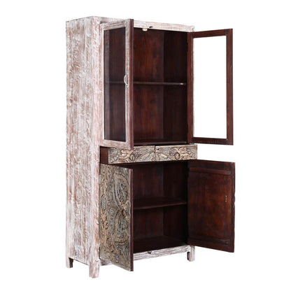 Floral Indian Hand carved Rustic Solid Wood Display Cabinet Armoire