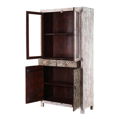 Floral Indian Hand carved Rustic Solid Wood Display Cabinet Armoire
