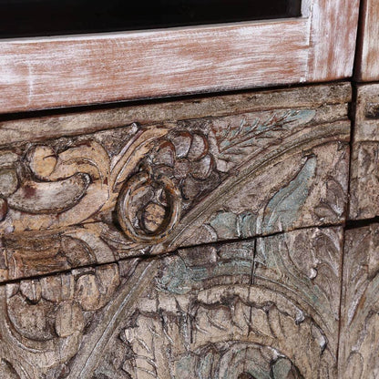 Floral Indian Hand carved Rustic Solid Wood Display Cabinet Armoire