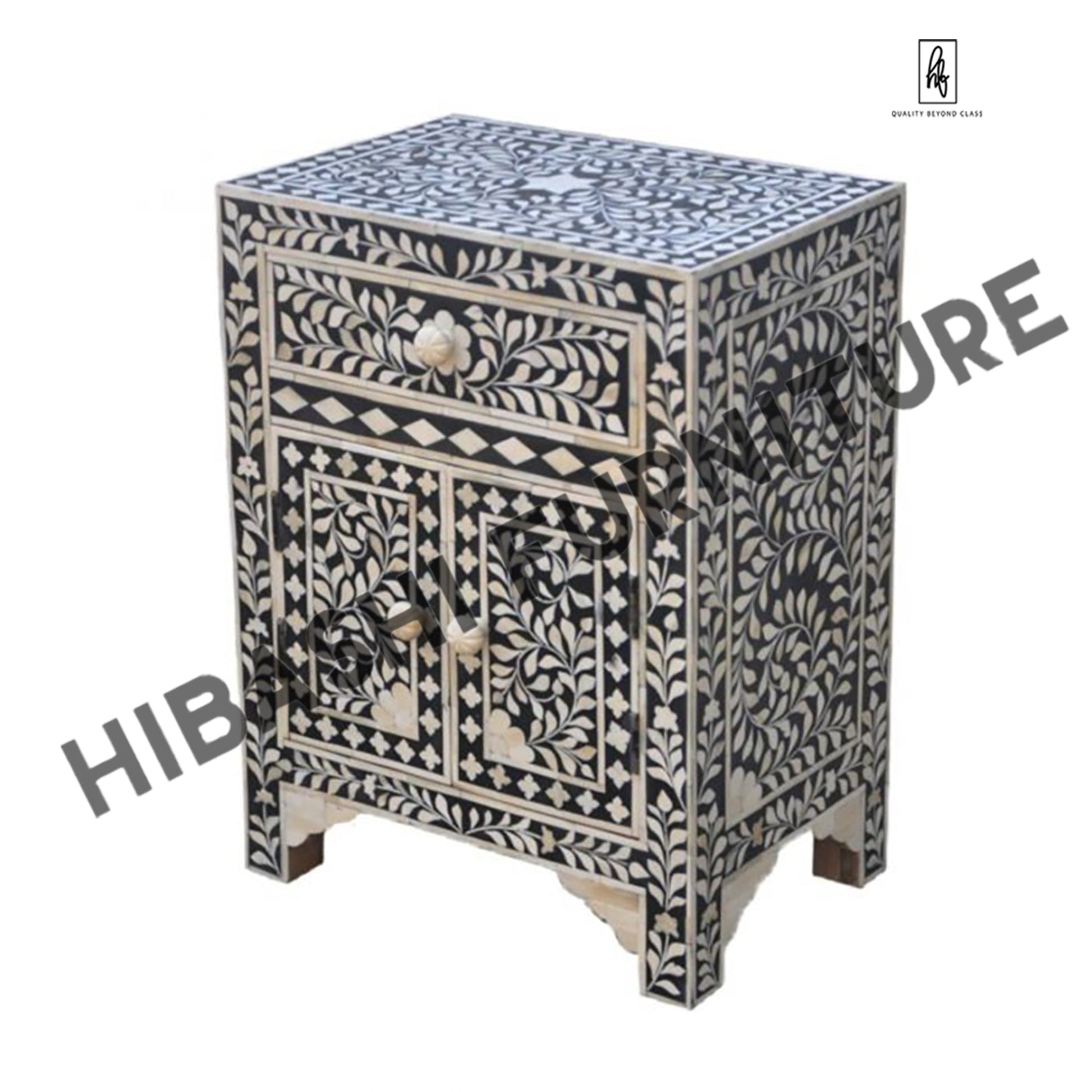 Fontana Infinity Bone inlay Bedside Table by Hibashi Furniture – handcrafted solid wood furniture made in India