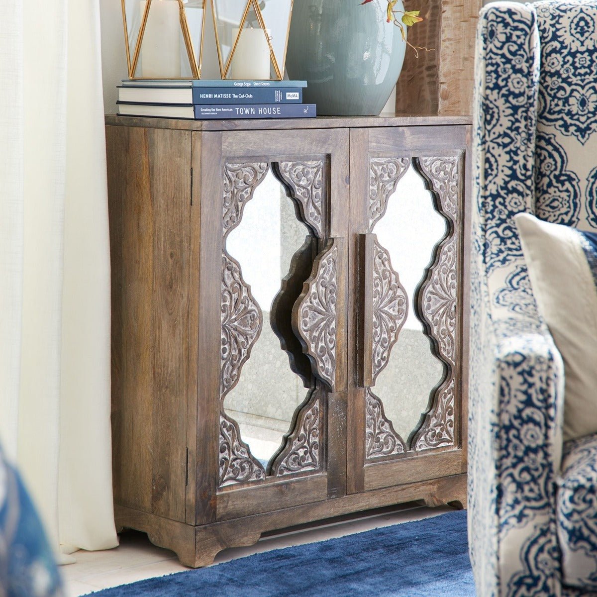 FRENCH ARCHED CARVED MIRROR DOOR SIDEBOARD - Honey – handcrafted solid wood furniture