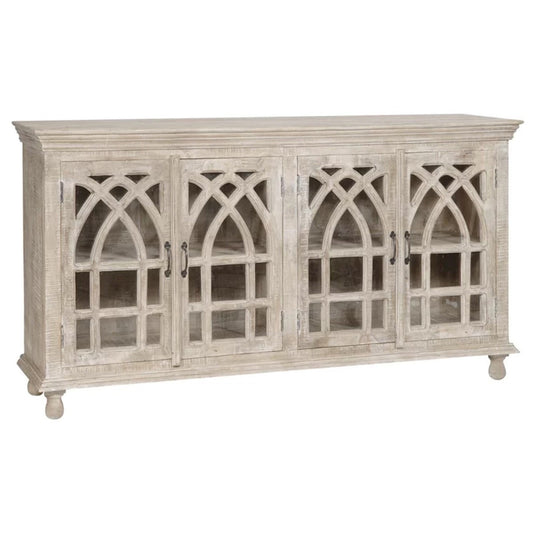FRENCH ARCHED GLASS DOOR WOODEN SIDEBOARD WHITEWASH by Hibashi Furniture – handcrafted solid wood furniture made in India