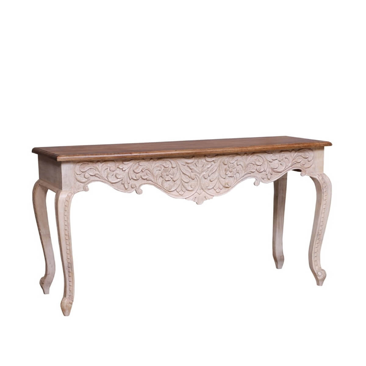 French Reclaimed Wood Hand Carved Floral Hall Table – handcrafted solid wood furniture