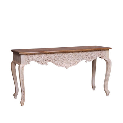 French Reclaimed Wood Hand Carved Floral Hall Table – handcrafted solid wood furniture