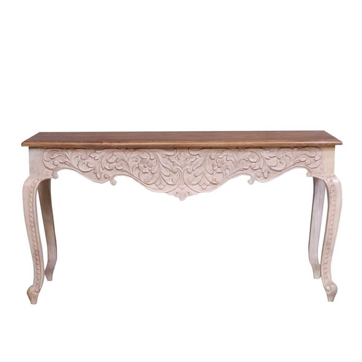 French Reclaimed Wood Hand Carved Floral Hall Table – handcrafted solid wood furniture