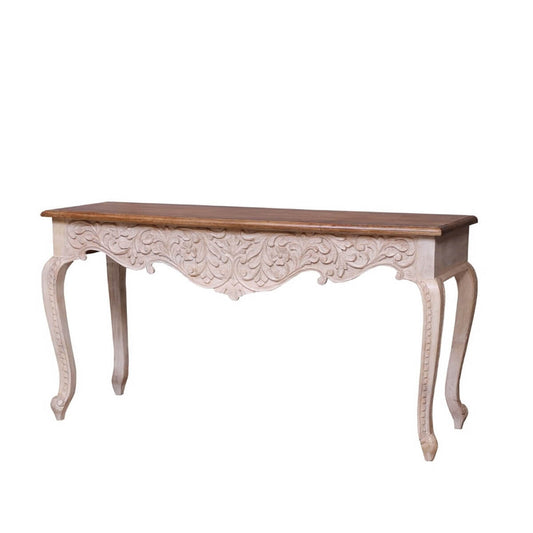 French Reclaimed Wood Hand Carved Floral Hall Table by Hibashi Furniture – handcrafted solid wood furniture made in India
