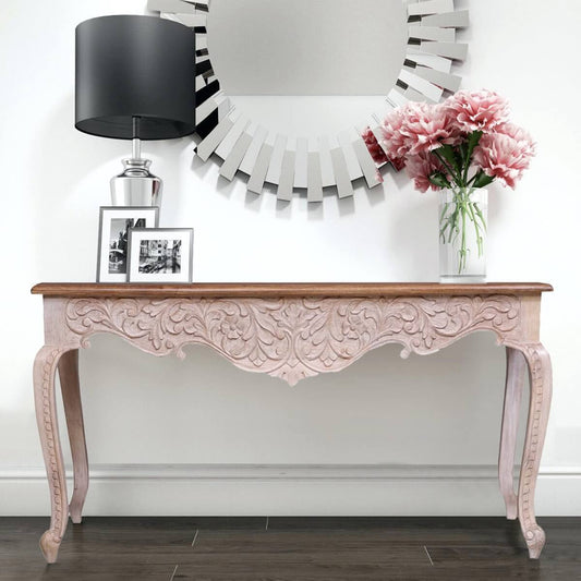 French Reclaimed Wood Hand Carved Floral Hall Table by Hibashi Furniture – handcrafted solid wood furniture made in India