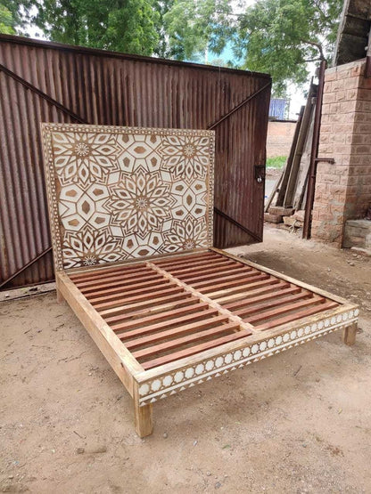 Geometric Floral Design Handmade Wooden Bed by Hibashi Furniture – handcrafted solid wood furniture made in India