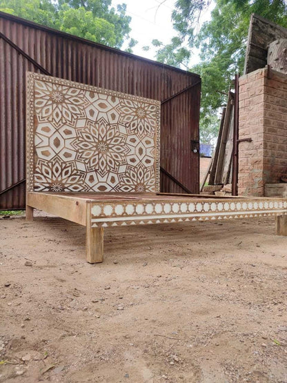 Geometric Floral Design Handmade Wooden Bed by Hibashi Furniture – handcrafted solid wood furniture made in India