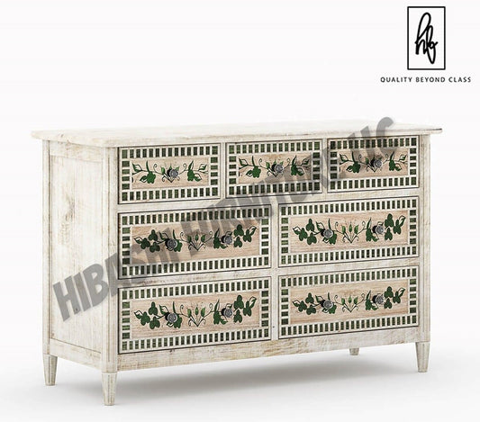 HALINA Handpainted Mango Wood 7 Drawer Bedroom Dresser by Hibashi Furniture – handcrafted solid wood furniture made in India