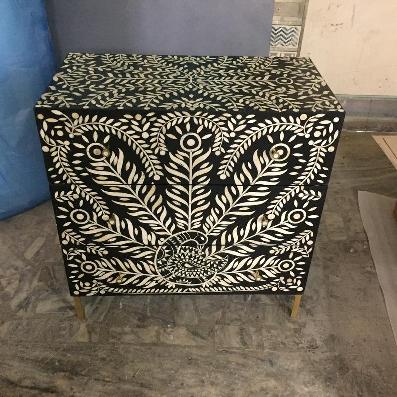 Hamad Peacock Design Bone Inlay Three Drawer Dresser Black by Hibashi Furniture – handcrafted solid wood furniture made in India