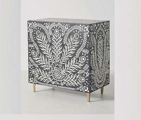 Hamad Peacock Design Bone Inlay Three Drawer Dresser Black by Hibashi Furniture – handcrafted solid wood furniture made in India