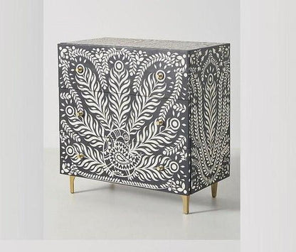 Hamad Peacock Design Bone Inlay Three Drawer Dresser Black by Hibashi Furniture – handcrafted solid wood furniture made in India