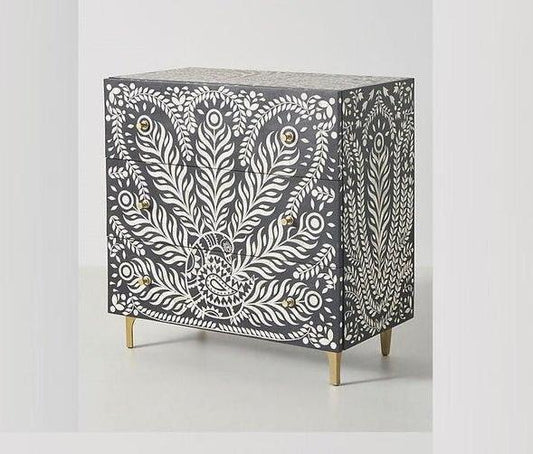 Hamad Peacock Design Bone Inlay Three Drawer Dresser Black by Hibashi Furniture – handcrafted solid wood furniture made in India