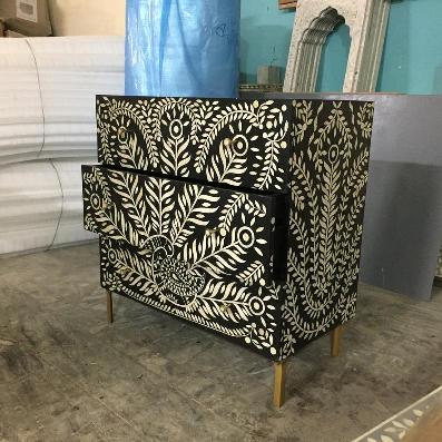 Hamad Peacock Design Bone Inlay Three Drawer Dresser Black by Hibashi Furniture – handcrafted solid wood furniture made in India