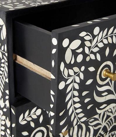 Hamad Peacock Design Bone Inlay Three Drawer Dresser Black by Hibashi Furniture – handcrafted solid wood furniture made in India