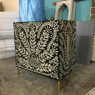 Hamad Peacock Design Bone Inlay Three Drawer Dresser Black by Hibashi Furniture – handcrafted solid wood furniture made in India