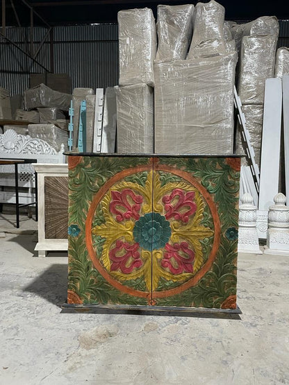 Hamala Hand Carved Distressed Mango Wood Accent Storage Cabinet – handcrafted solid wood furniture