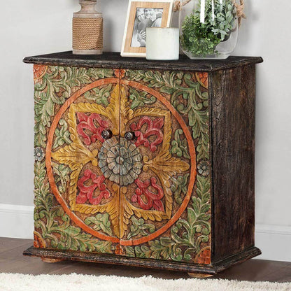 Hamala Hand Carved Distressed Mango Wood Accent Storage Cabinet – handcrafted solid wood furniture